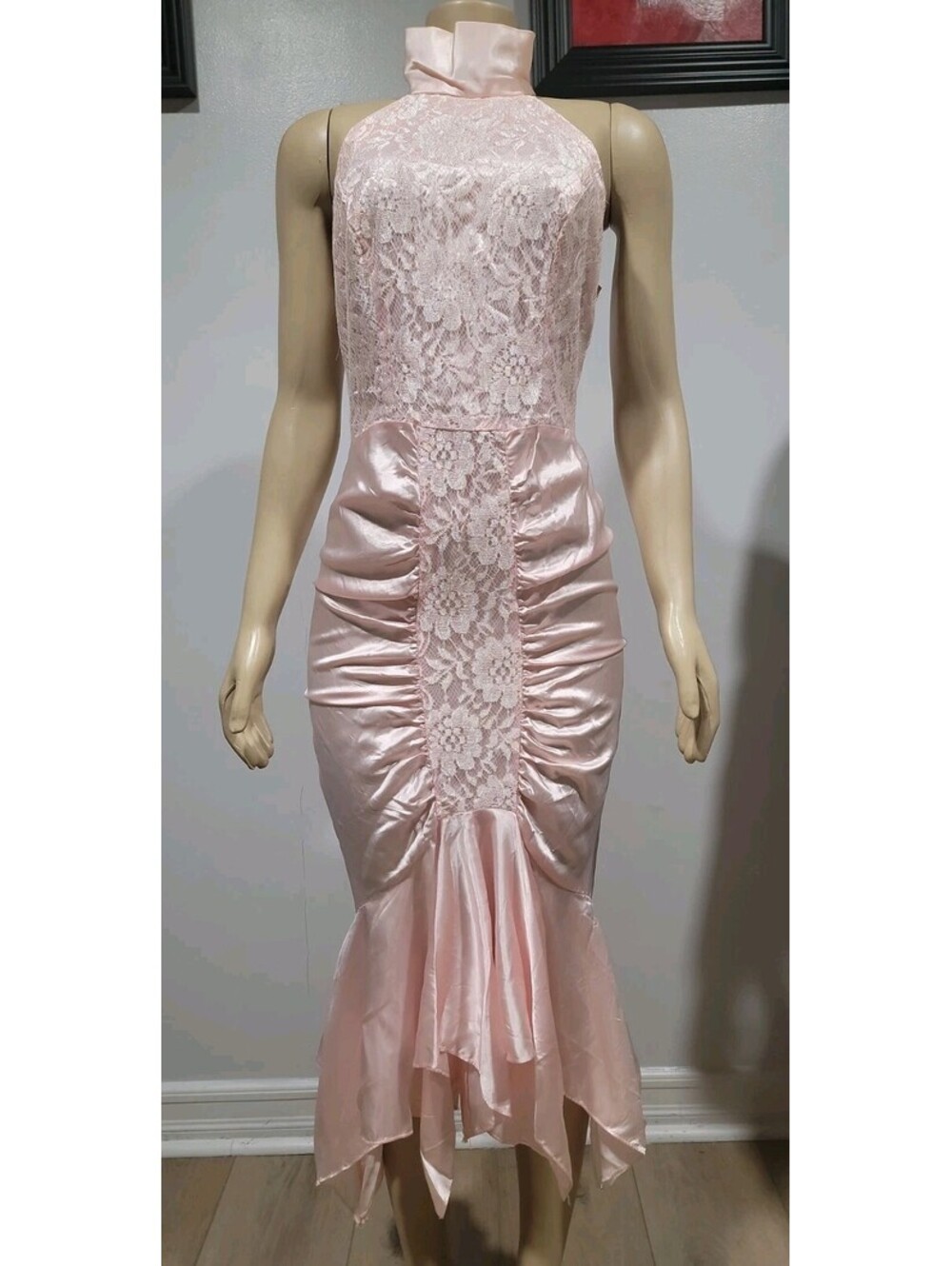 DIAMOND'S RUNS Vtg Ruched Ruffle Satin/lace 9-10 Dress Victorian Pink #04 - Picture 7 of 15